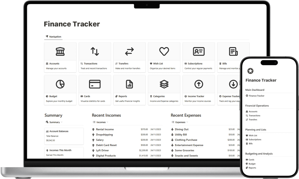 Notion Finance Tracker Hero Image, laptop and phone