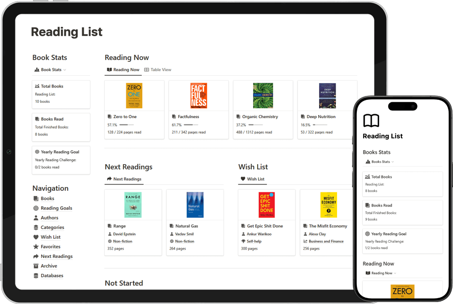 Notion Reading List Hero Image, tablet and phone